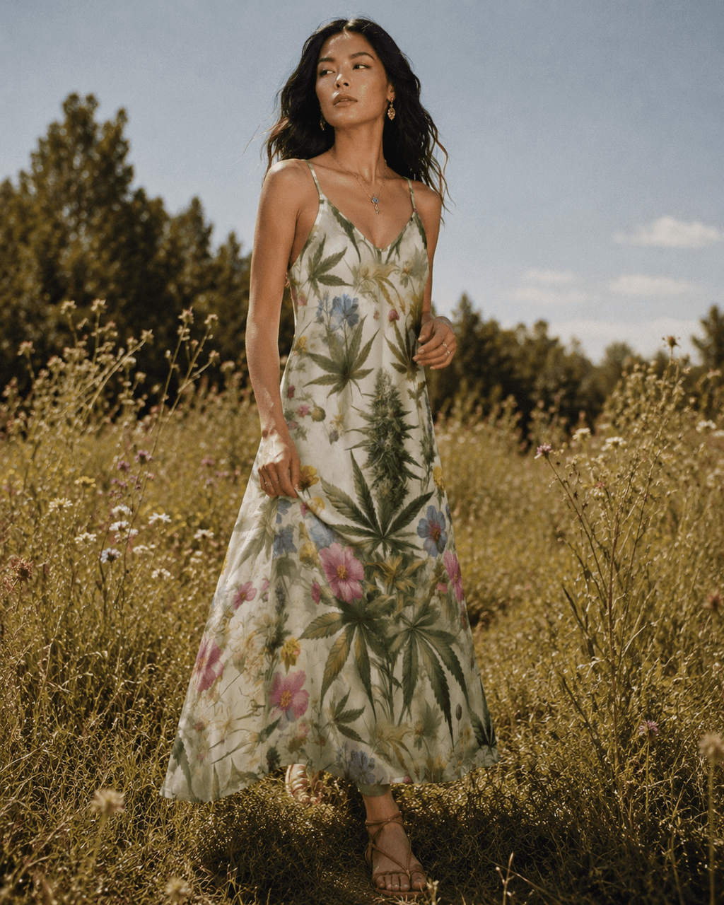 Jane Dope HER.B floral garden print long spaghetti strap dress, front view on model