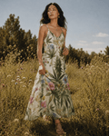 Jane Dope HER.B floral garden print long spaghetti strap dress, front view on model