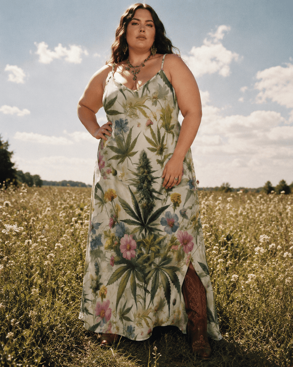 HER.B floral garden print long spaghetti strap dress, seated lifestyle shot on model