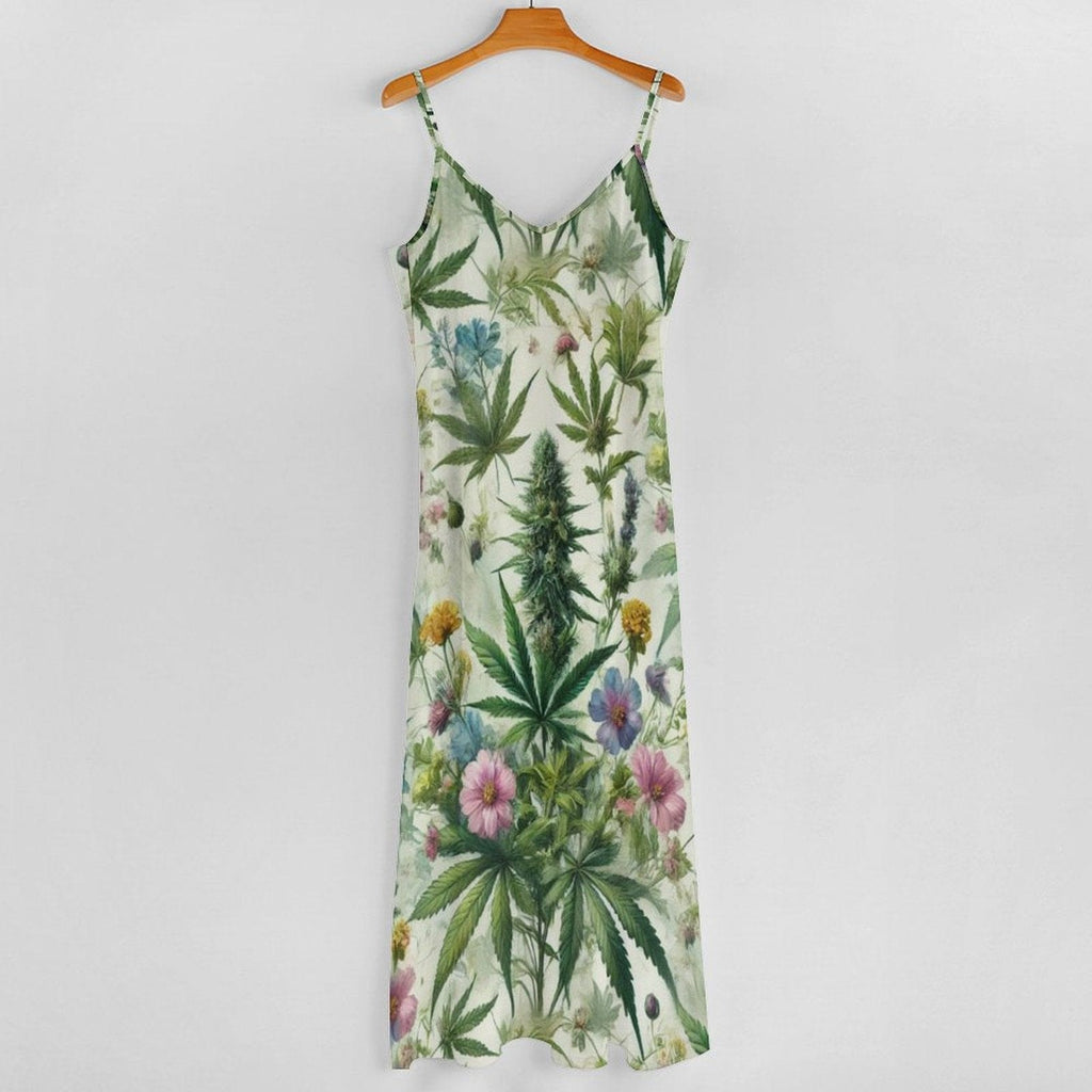 HER.B floral garden print long spaghetti strap dress, flat lay front