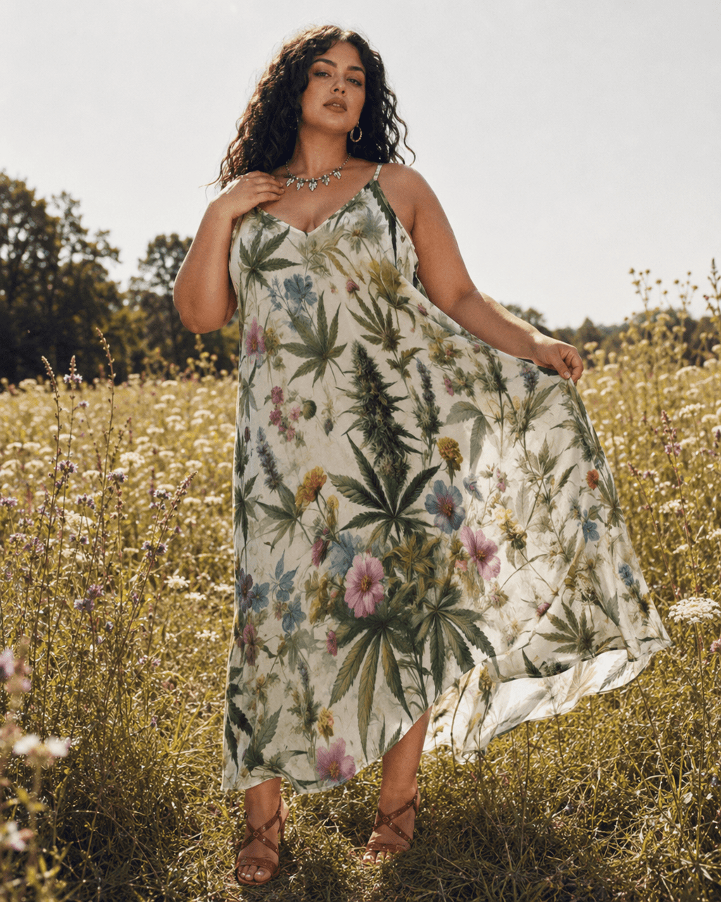 HER.B floral garden print long spaghetti strap dress, walking shot showing fabric movement