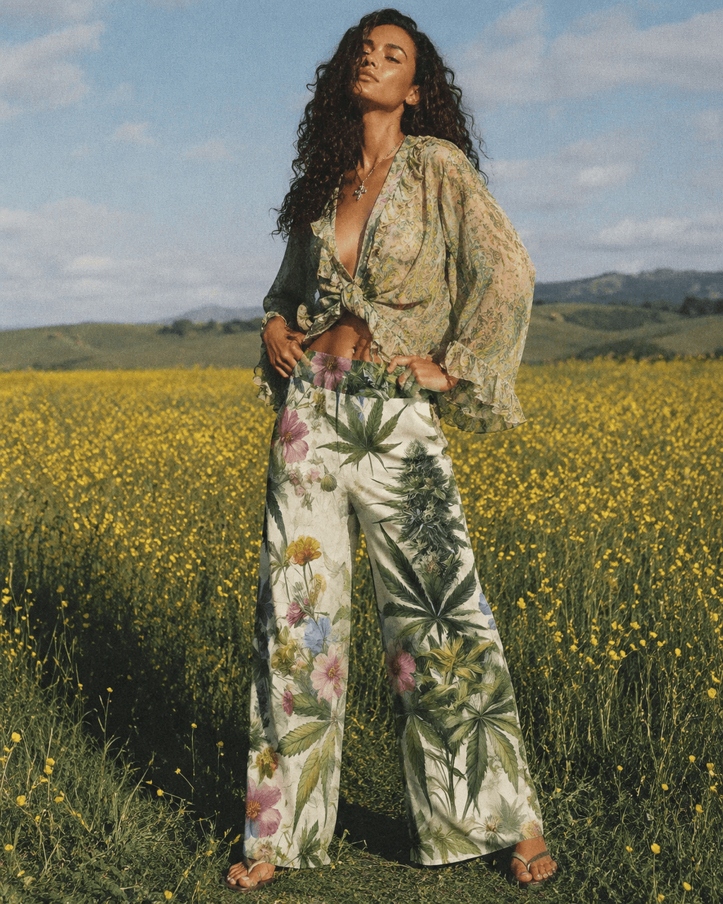 Woman in a floral outfit standing in a field with yellow flowers and green hills in the background