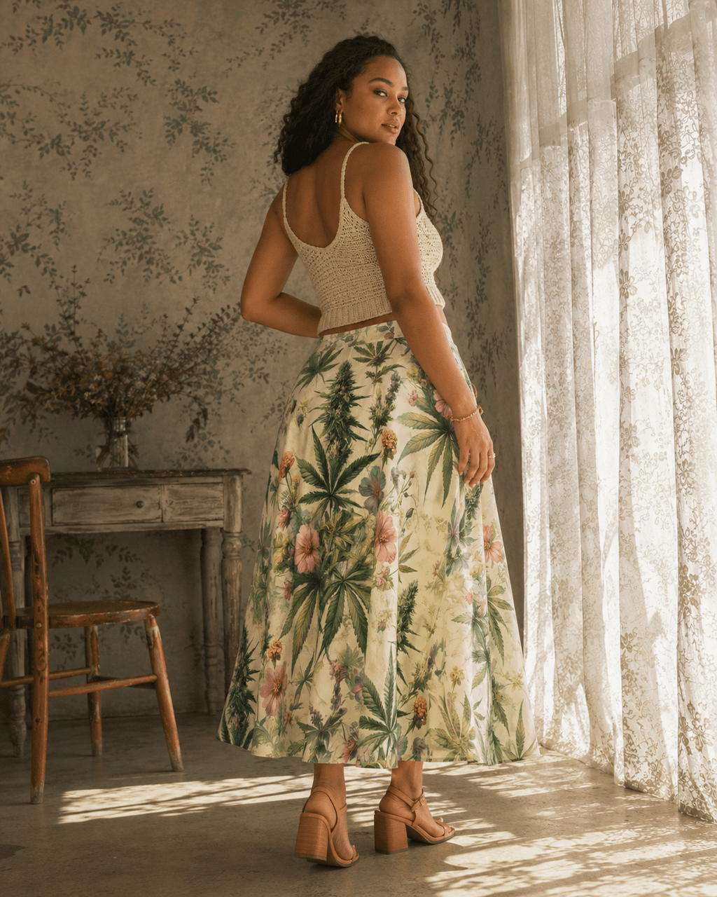 HER.B floral garden print pleated midi skirt, walking shot showing pleat movement