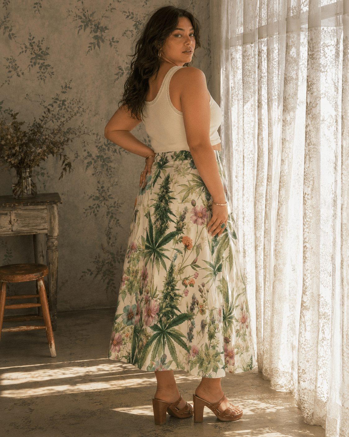 HER.B floral garden print pleated midi skirt, full length view on model outdoors
