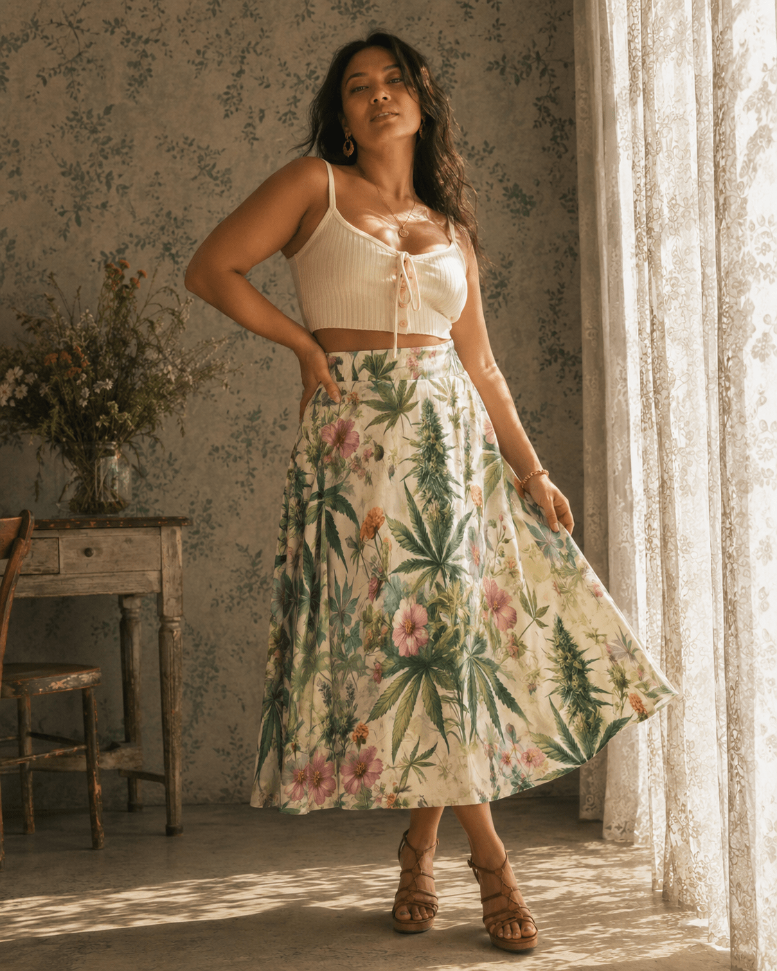 HER.B floral garden print pleated midi skirt, three-quarter view on model