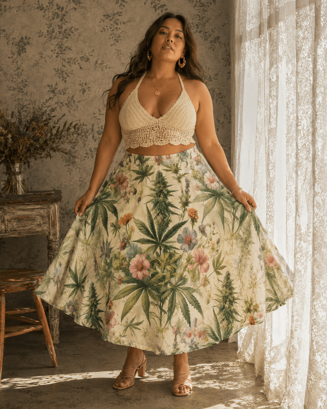 HER.B floral garden print pleated midi skirt, seated lifestyle shot on model
