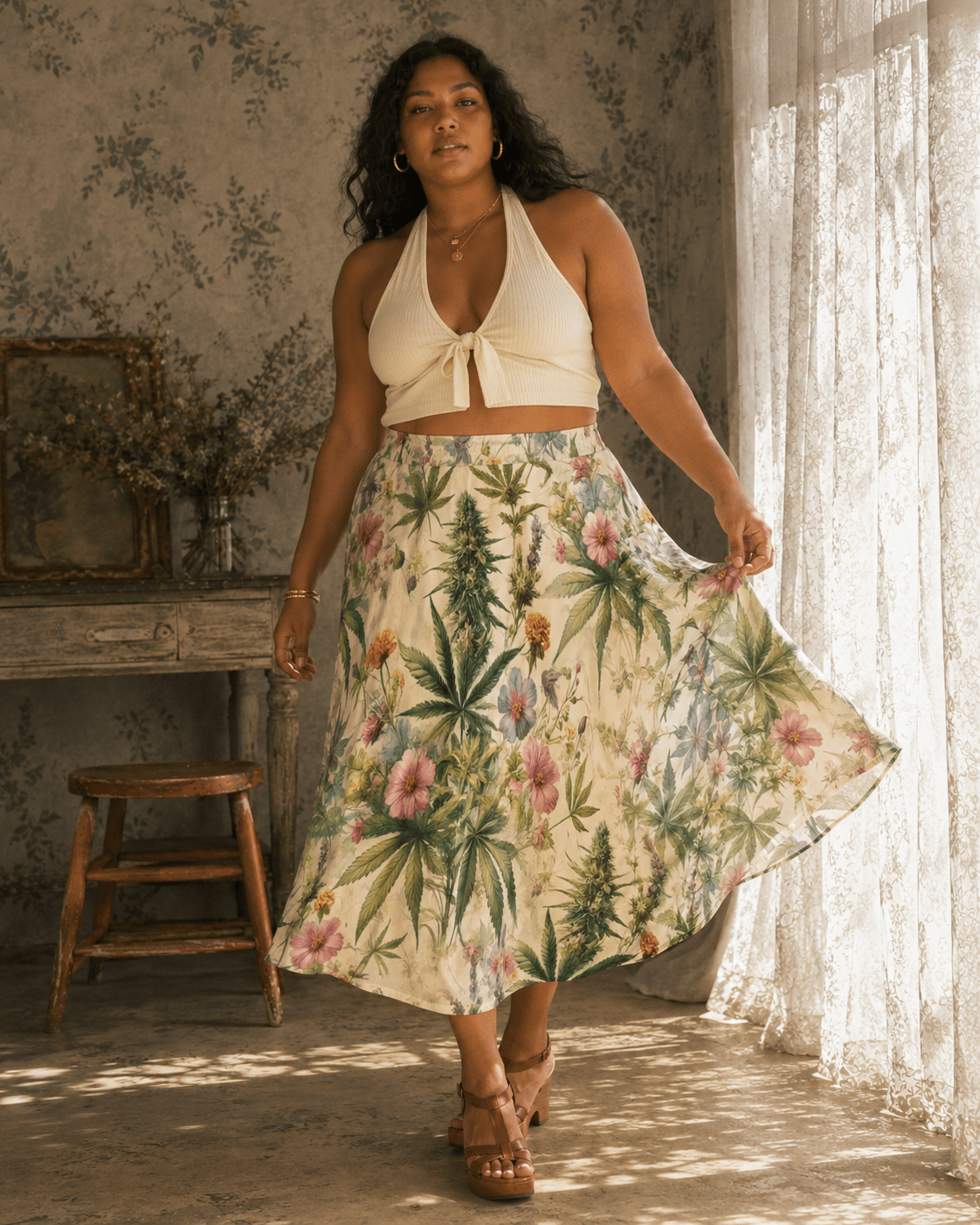 HER.B floral garden print pleated midi skirt, back view on model