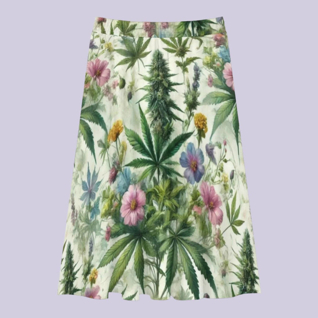 HER.B floral garden print pleated midi skirt in white, flat lay front