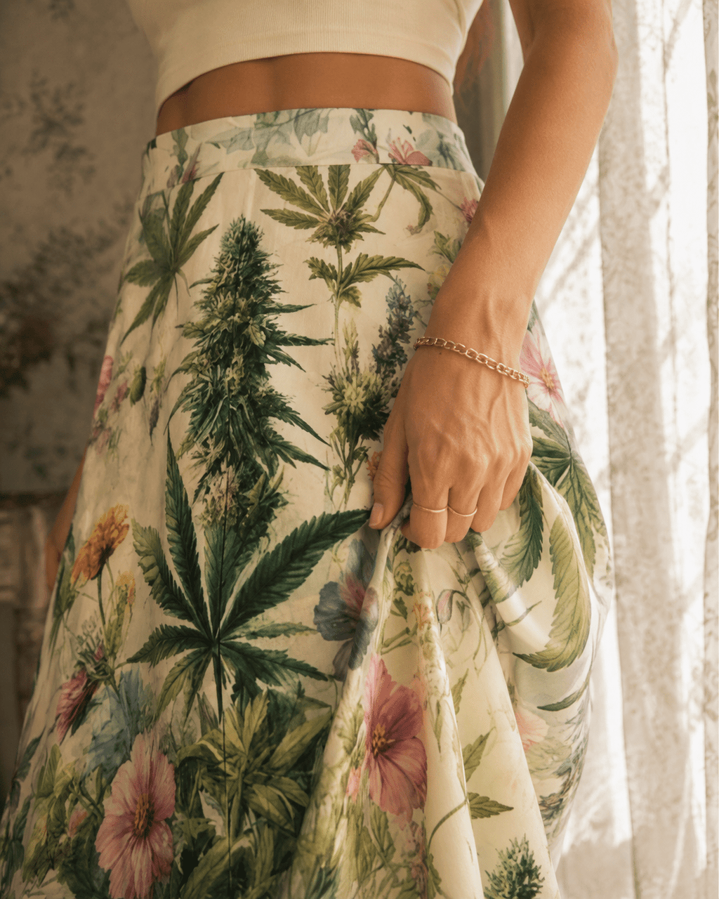 HER.B floral garden print pleated midi skirt, close-up showing pleats and print detail