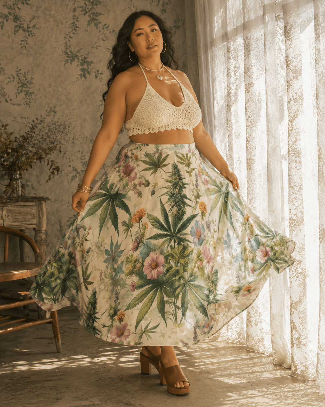 HER.B floral garden print pleated midi skirt, lifestyle editorial shot on model