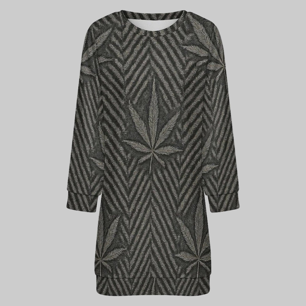 Herringbone print sweater dress, front view showing knit texture