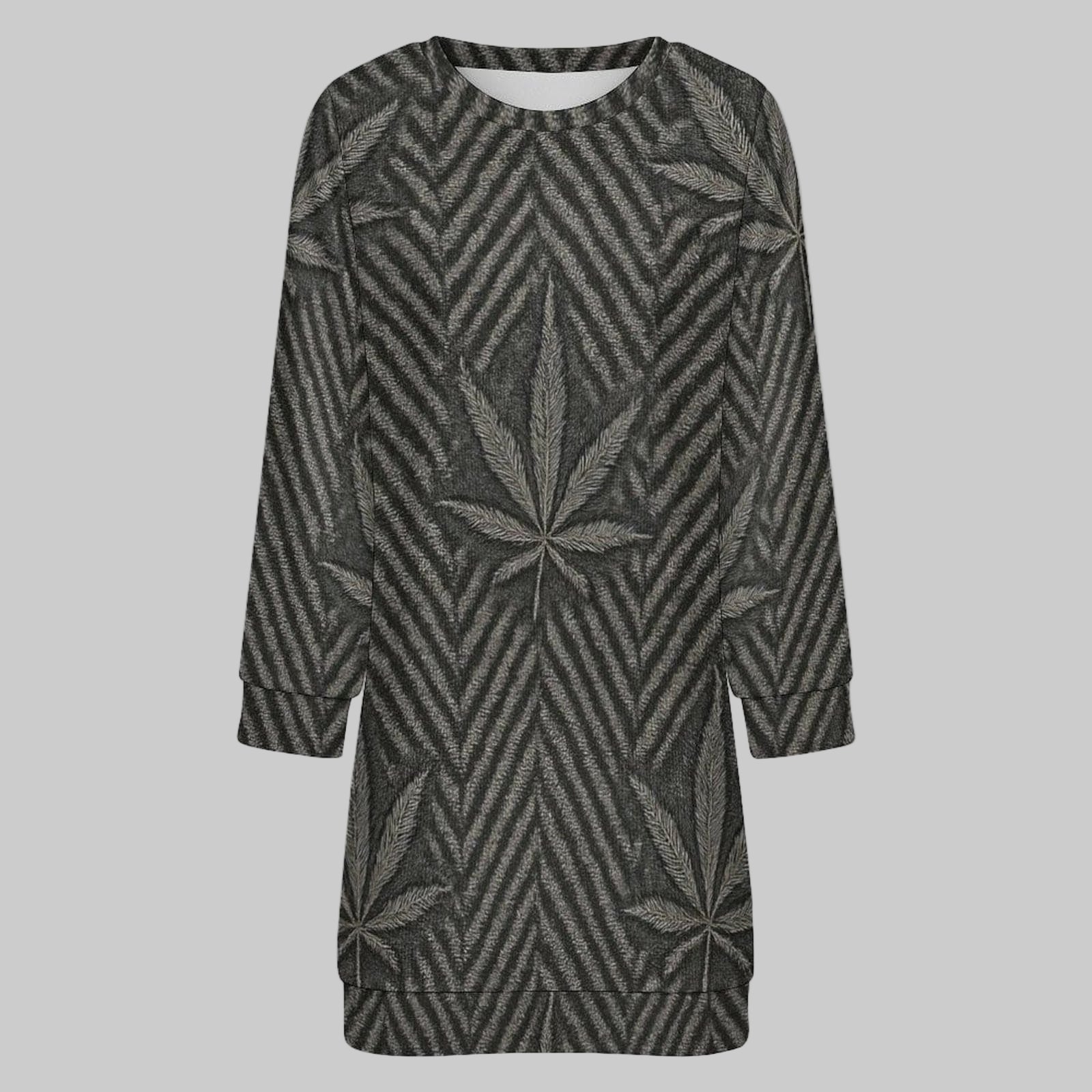 Herringbone print sweater dress, front view showing knit texture