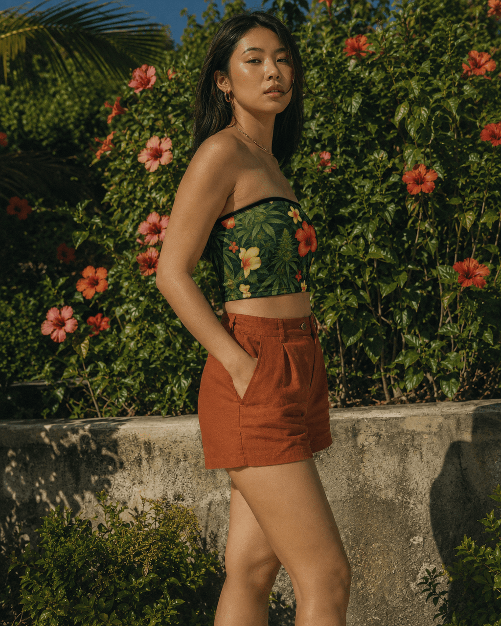 Hibiscus floral print bandeau top, side view on model