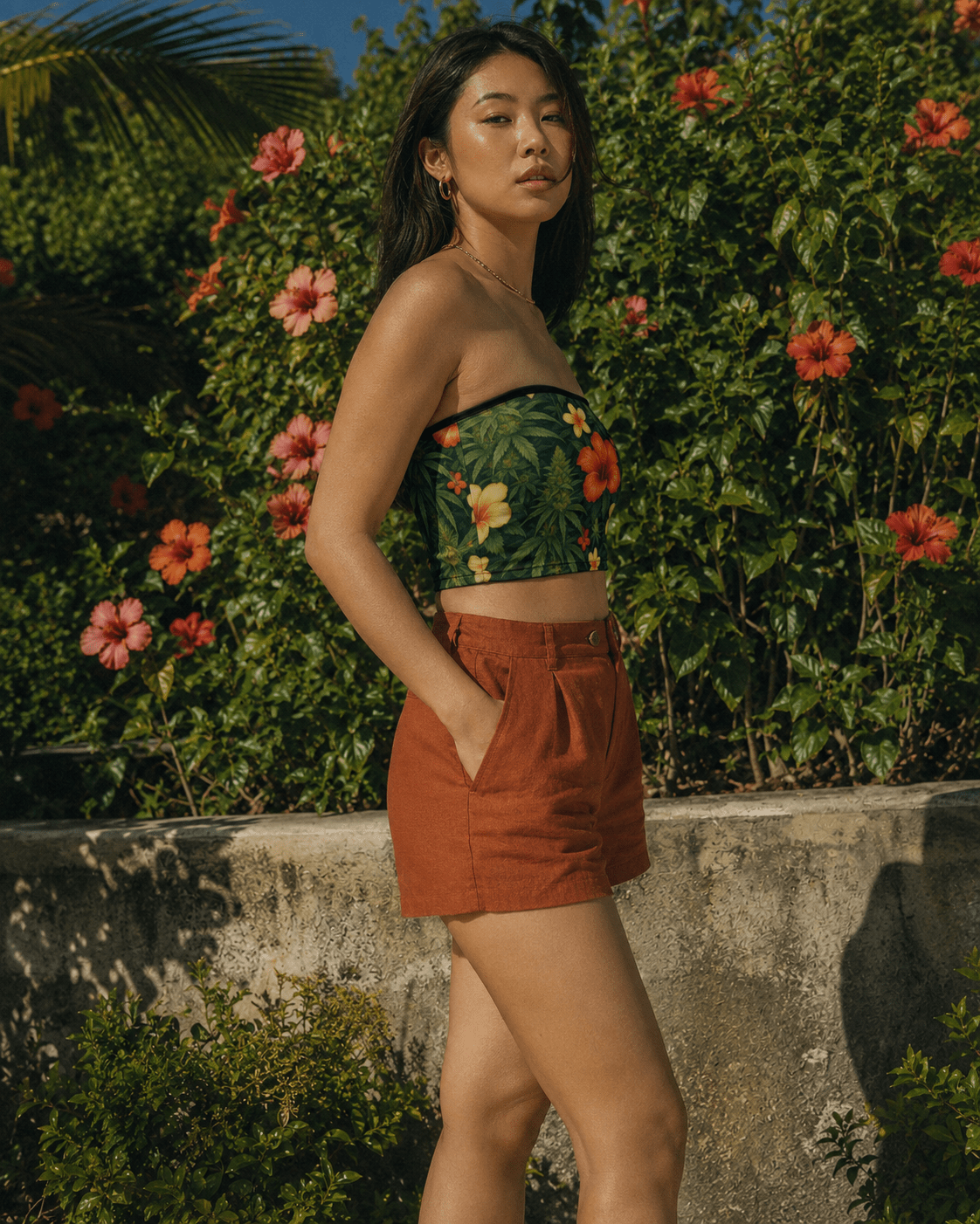 Hibiscus floral print bandeau top, side view on model