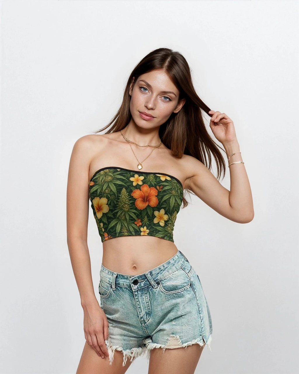 Hibiscus floral print bandeau top, back view