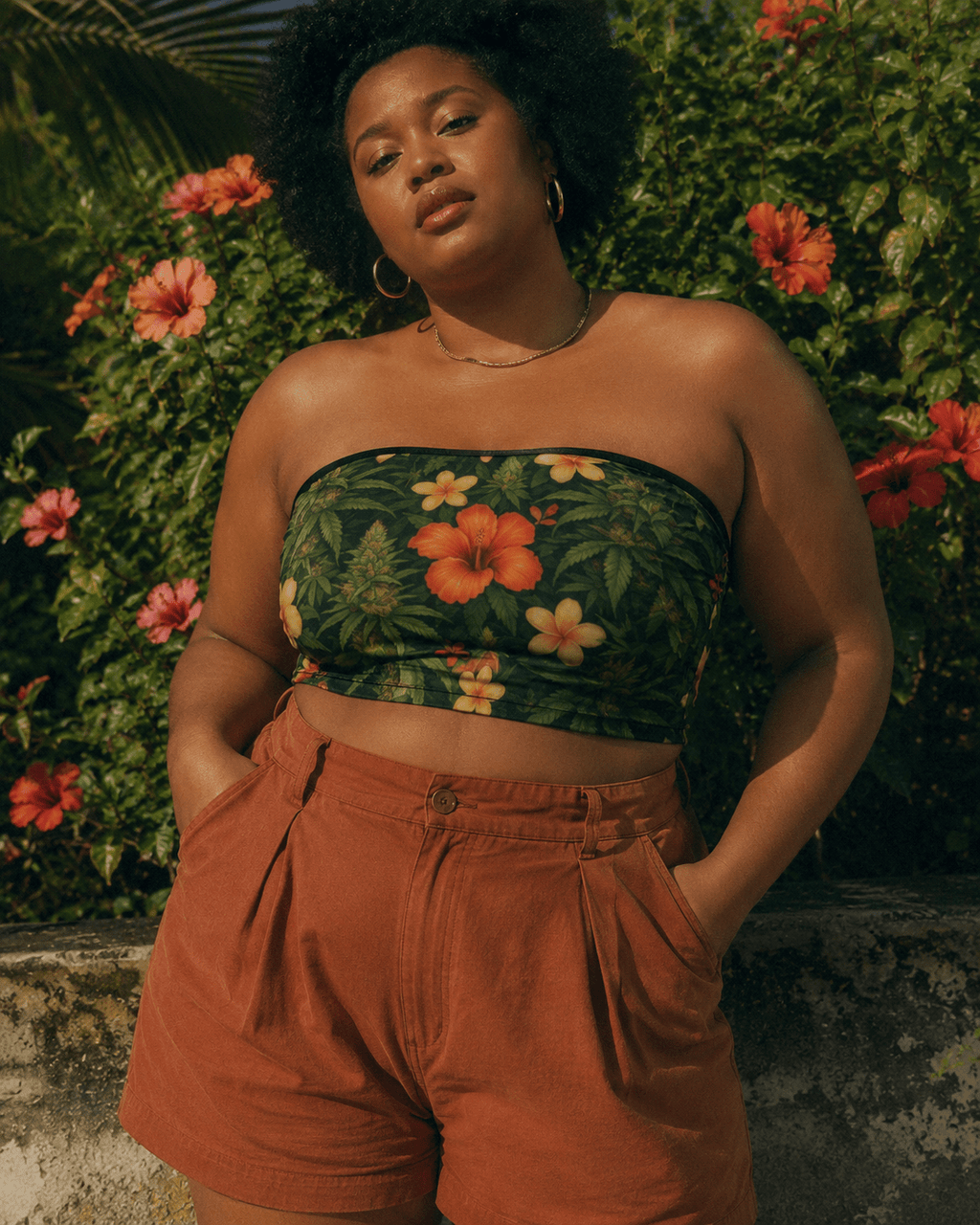 Hibiscus floral print bandeau top, three-quarter view on model