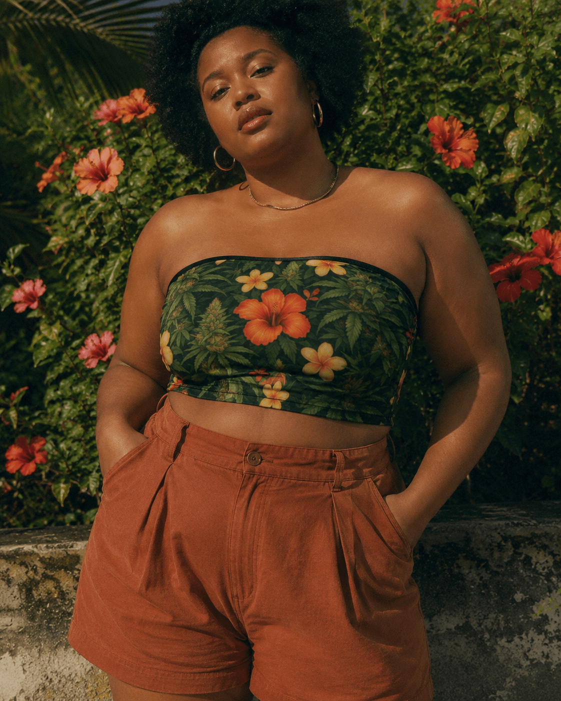 Hibiscus floral print bandeau top, three-quarter view on model