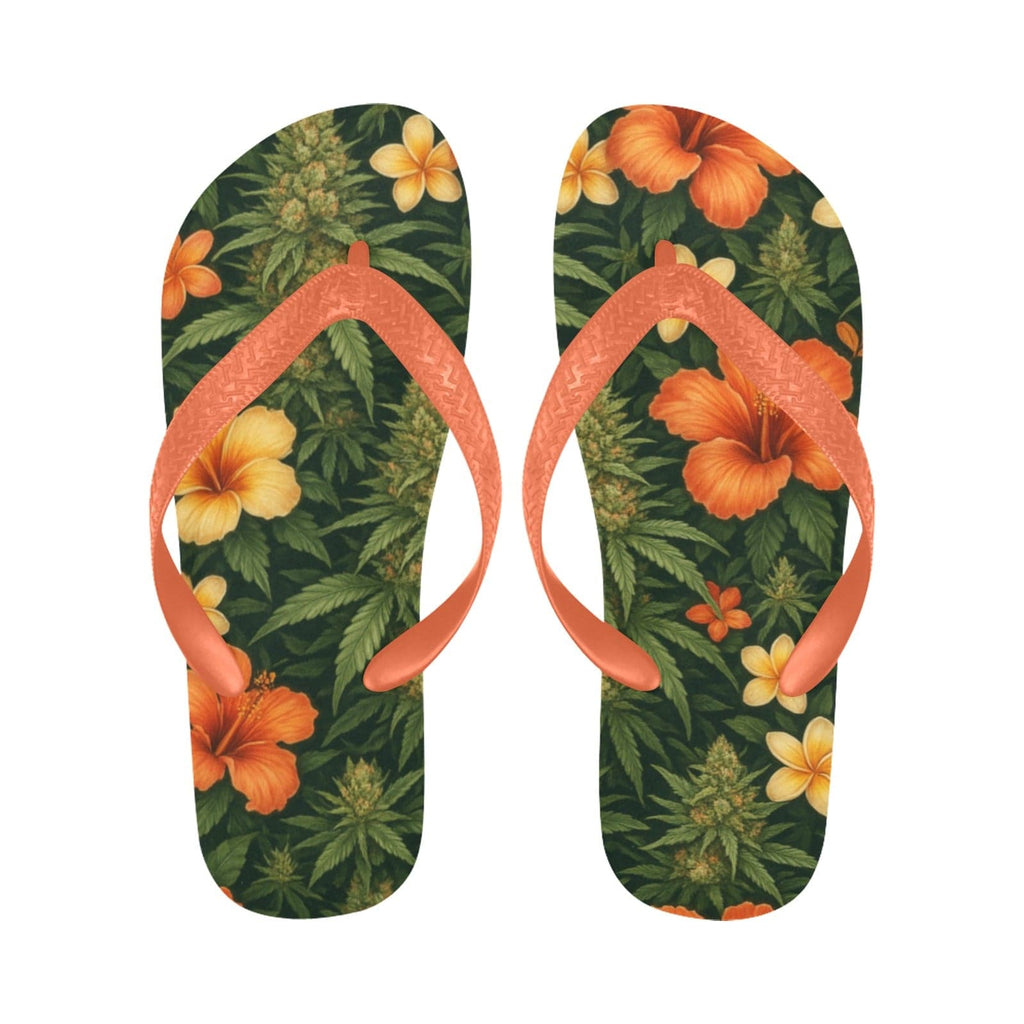 Jane Dope hibiscus floral print unisex flip flops, top-down flat lay showing strap and sole