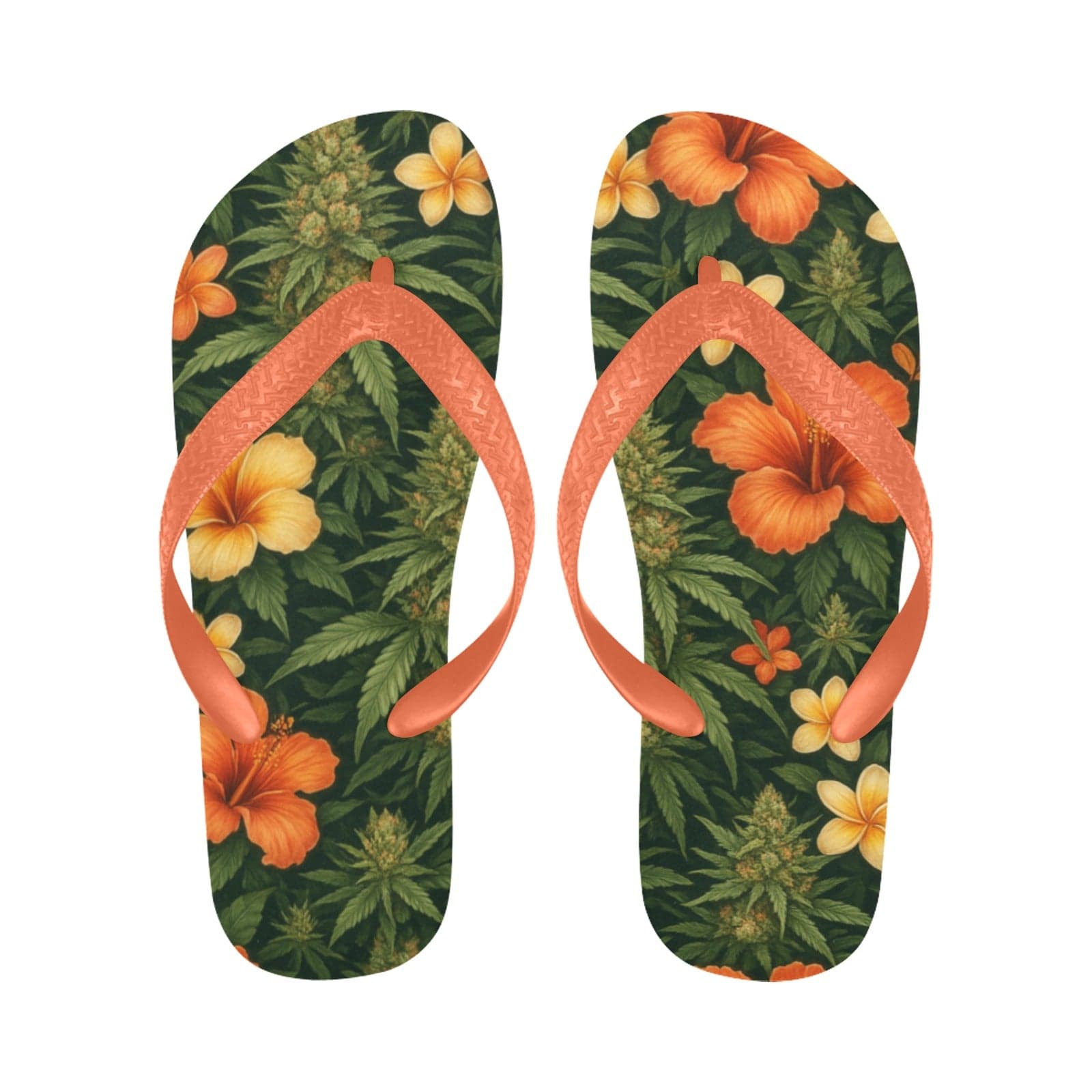 Jane Dope hibiscus floral print unisex flip flops, top-down flat lay showing strap and sole