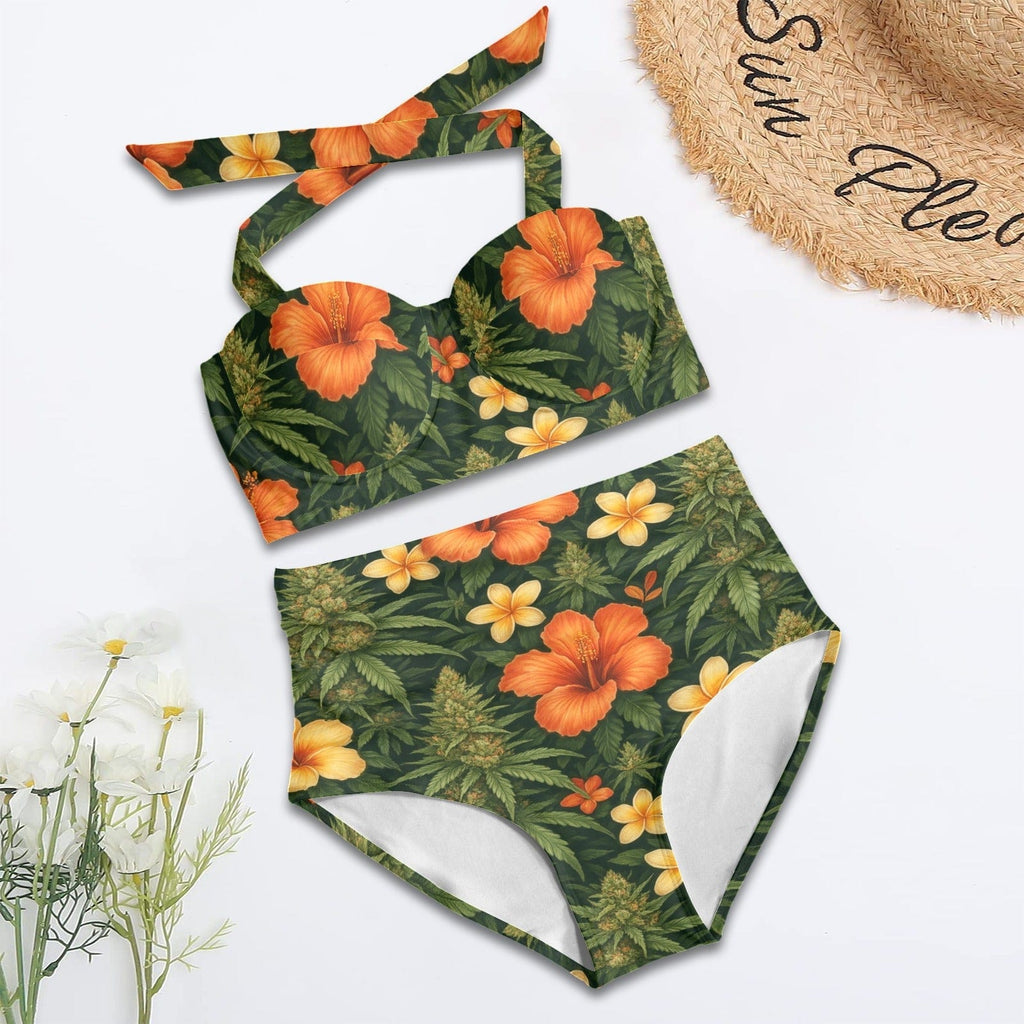 Hibiscus print halter bikini, back view showing tie detail