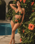 Jane Dope hibiscus print halter neck bikini, front view on model