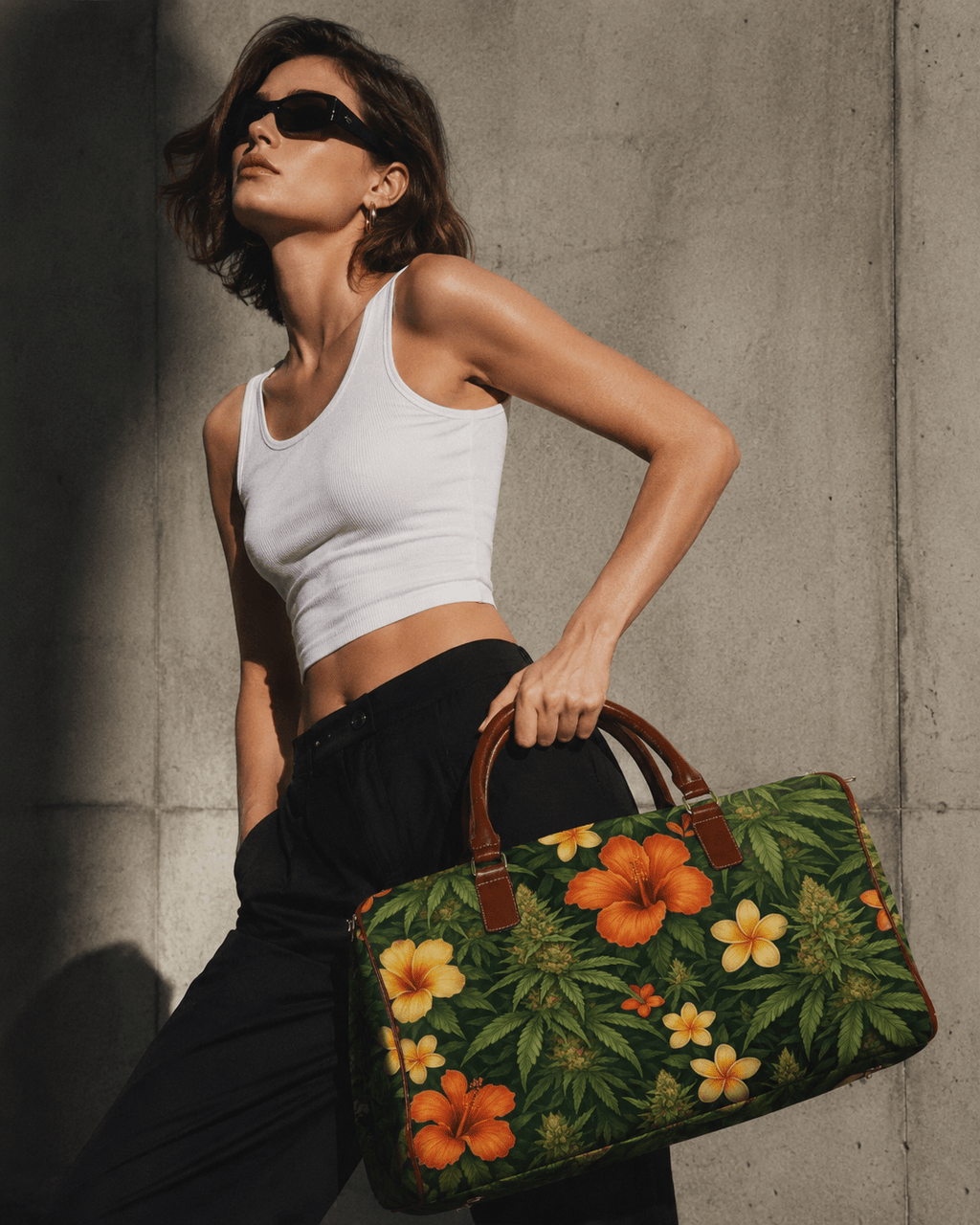 Jane Dope hibiscus floral print travel bag, front view