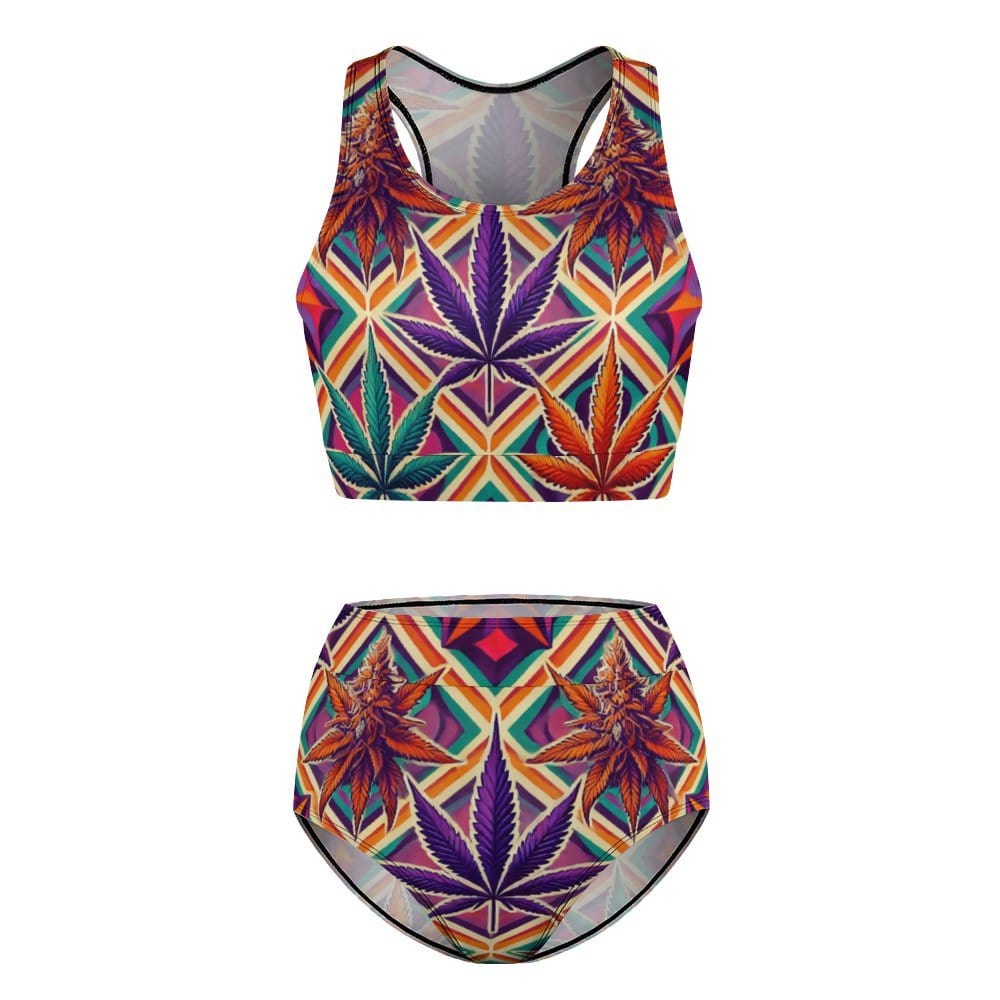 High vibe print sport bikini, flat lay showing top and bottoms