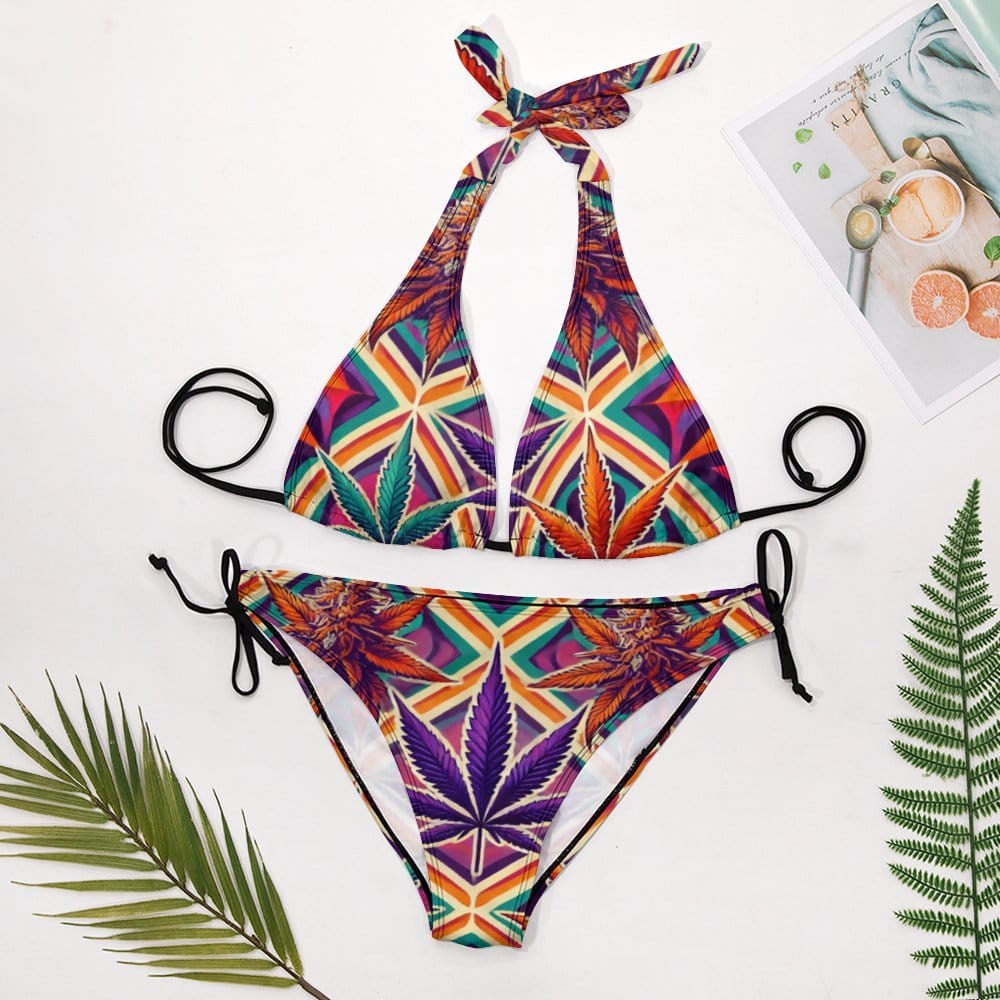 High vibes print halter bikini, back view showing tie detail