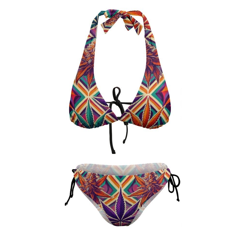High vibes print halter bikini, flat lay showing top and bottoms