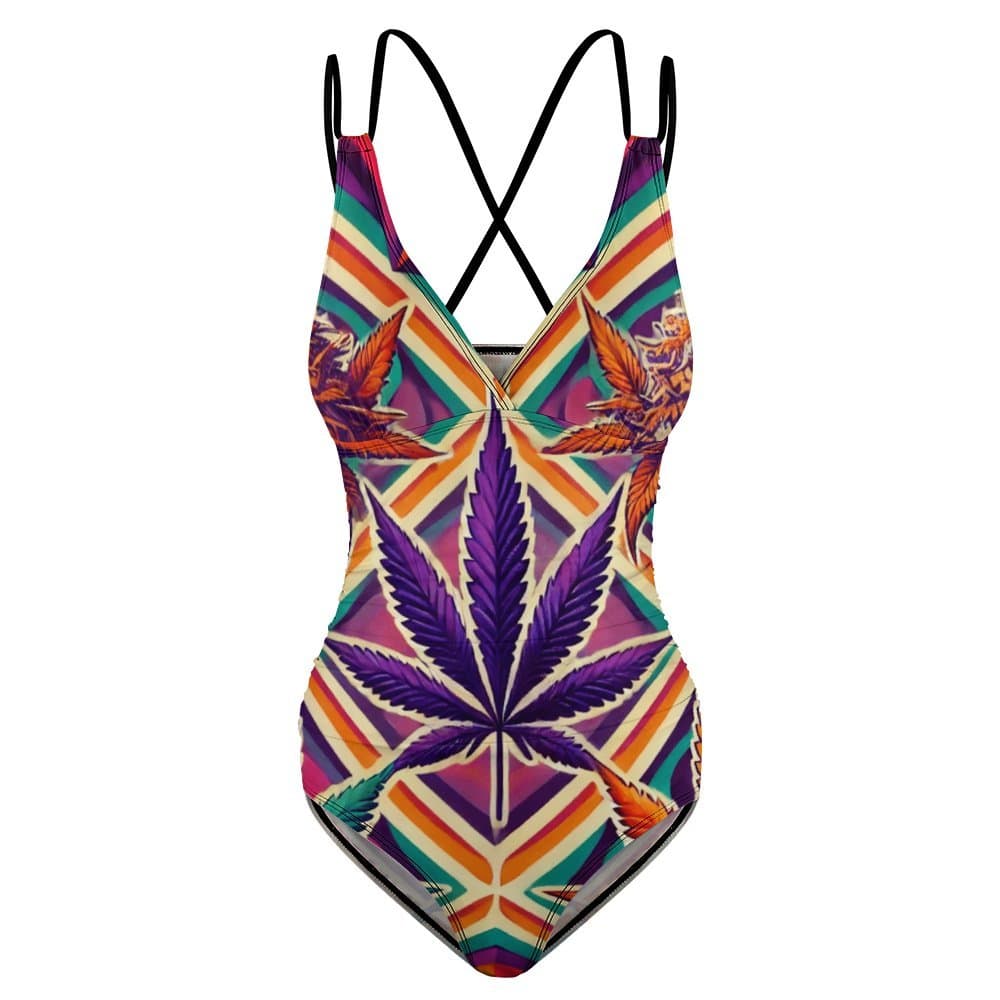High vibes print one-piece swimsuit in white, flat lay front