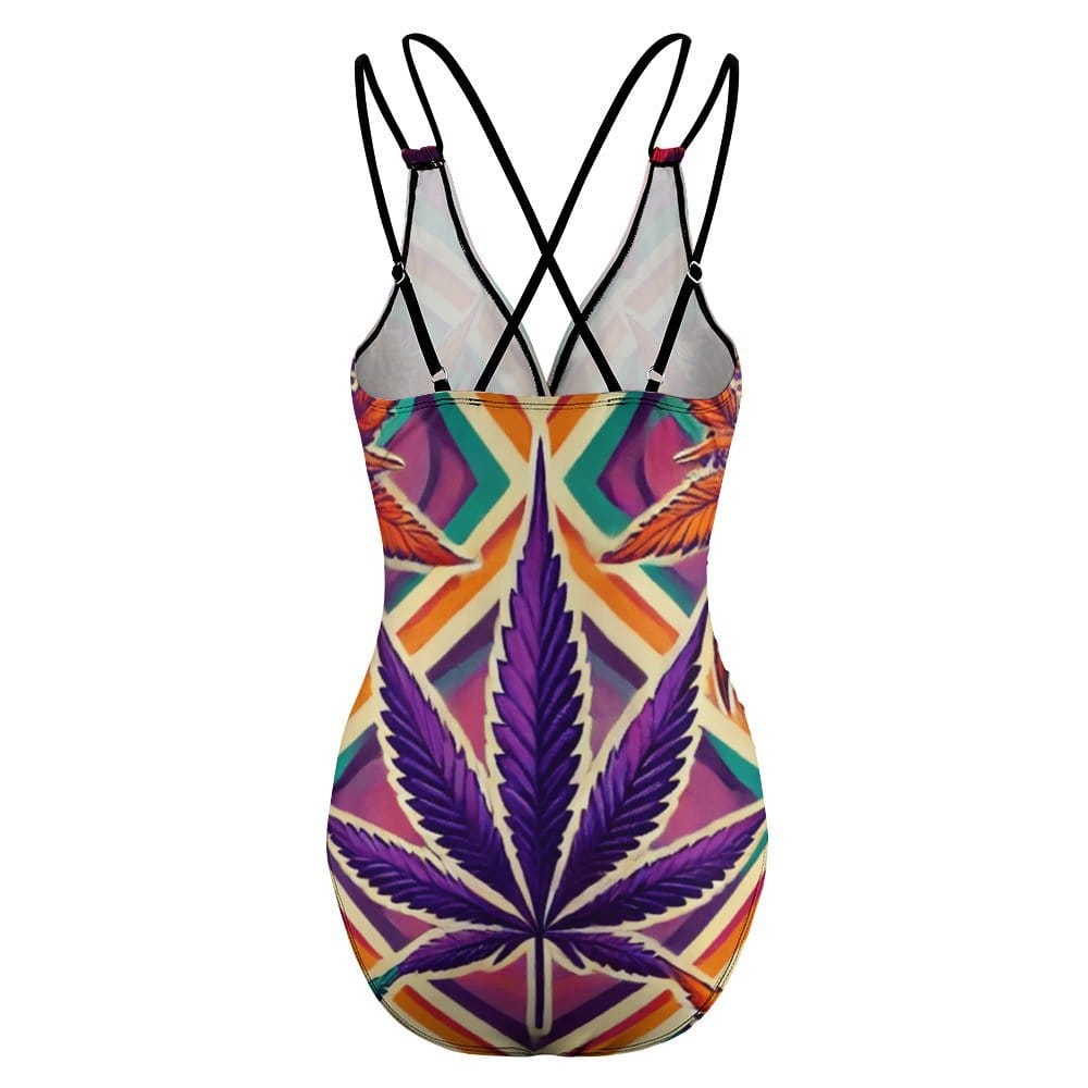 High vibes print one-piece swimsuit, back view