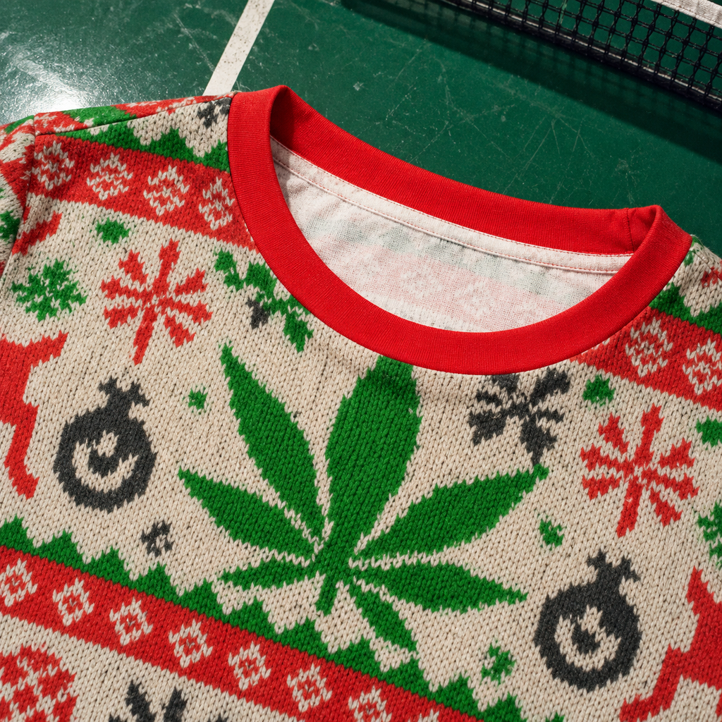 Holiday Cotton T close-up of red neck binding and knit-effect holiday print