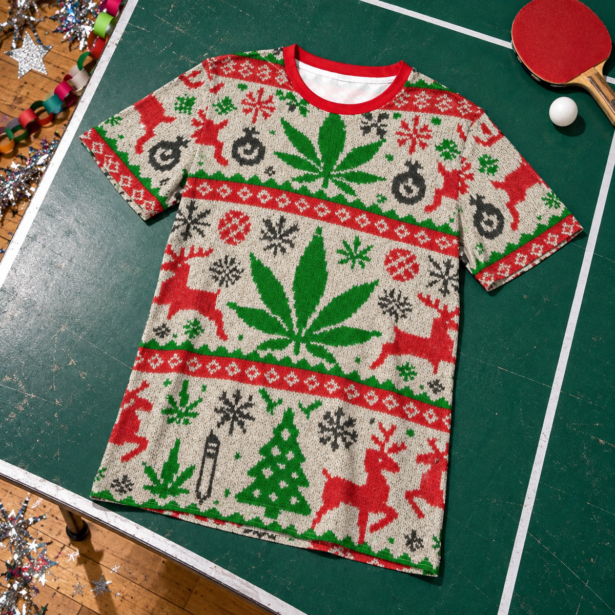 Holiday Cotton T full front showing Herb leaves, reindeer and red crew neck