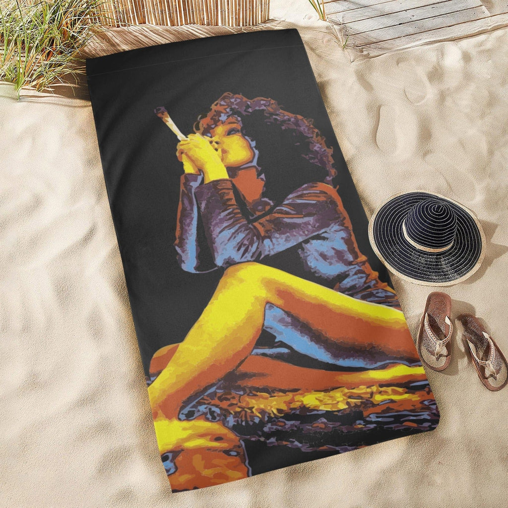 HOTBOX Goddess print beach towel, draped lifestyle shot