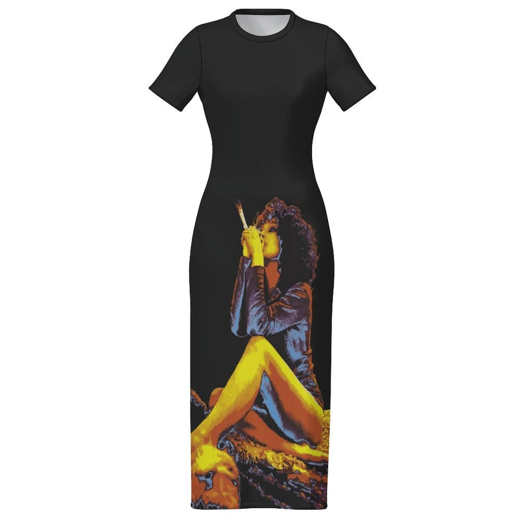 Hotbox Goddess graphic print bodycon maxi dress in white, flat lay
