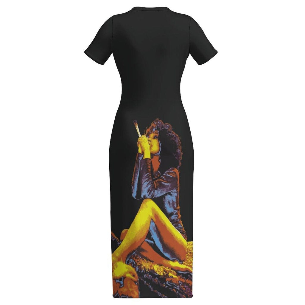 Hotbox Goddess graphic print bodycon maxi dress, back flat lay