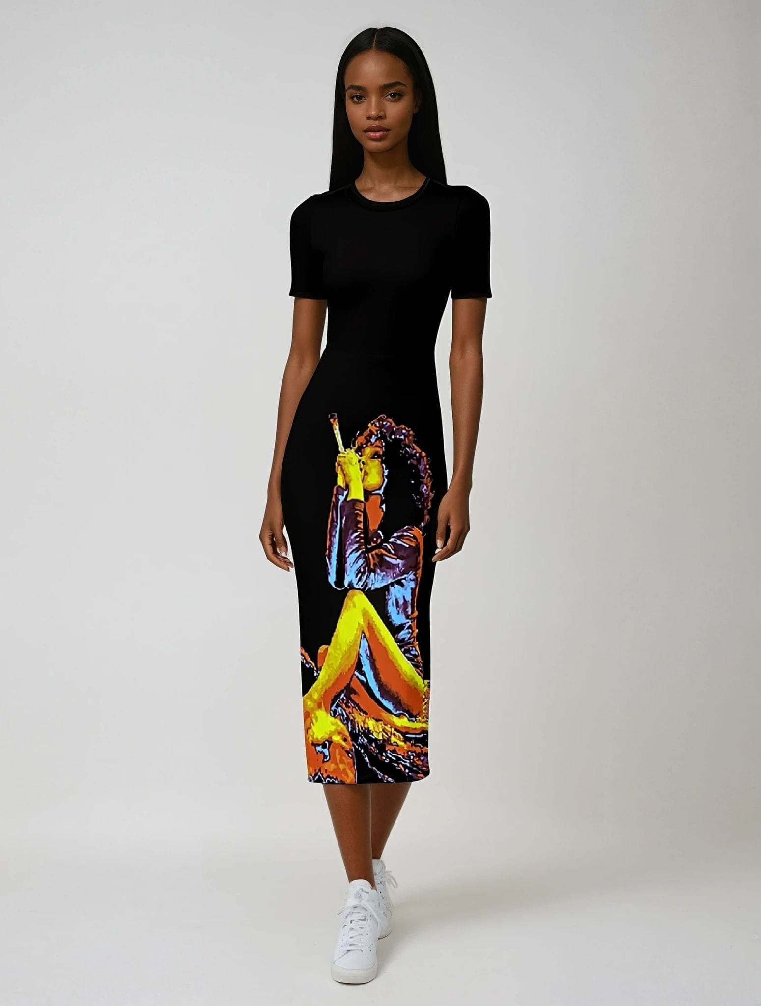 Hotbox Goddess graphic print bodycon maxi dress, neckline detail close-up