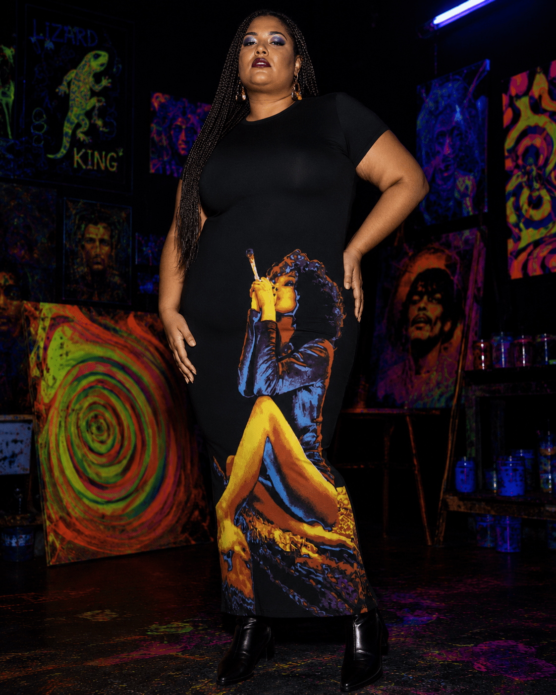 Hotbox Goddess graphic print bodycon maxi dress, close-up showing fabric and print detail