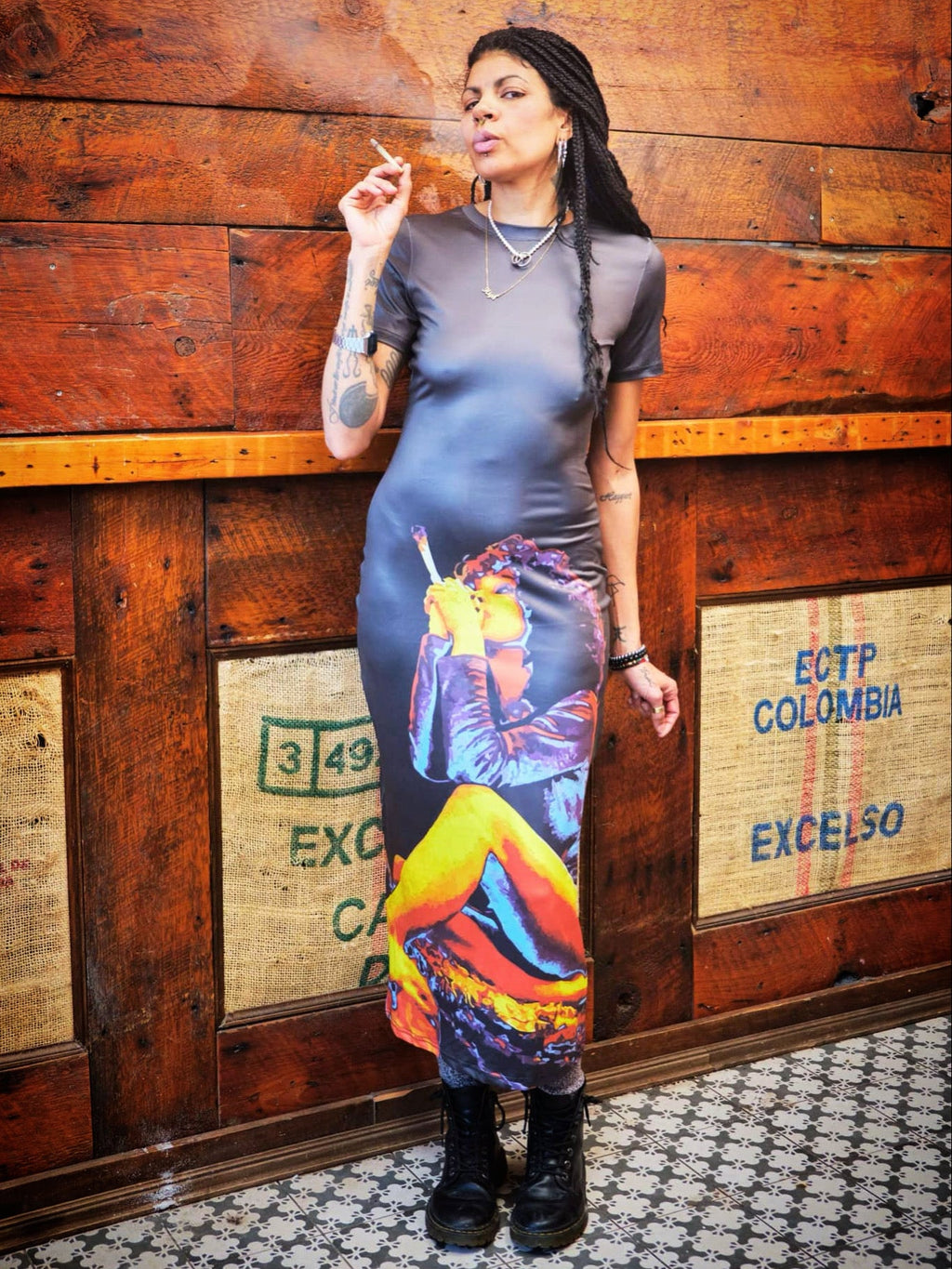Hotbox Goddess graphic print bodycon maxi dress, full length view on model