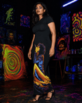 Hotbox Goddess graphic print bodycon maxi dress, back view on model