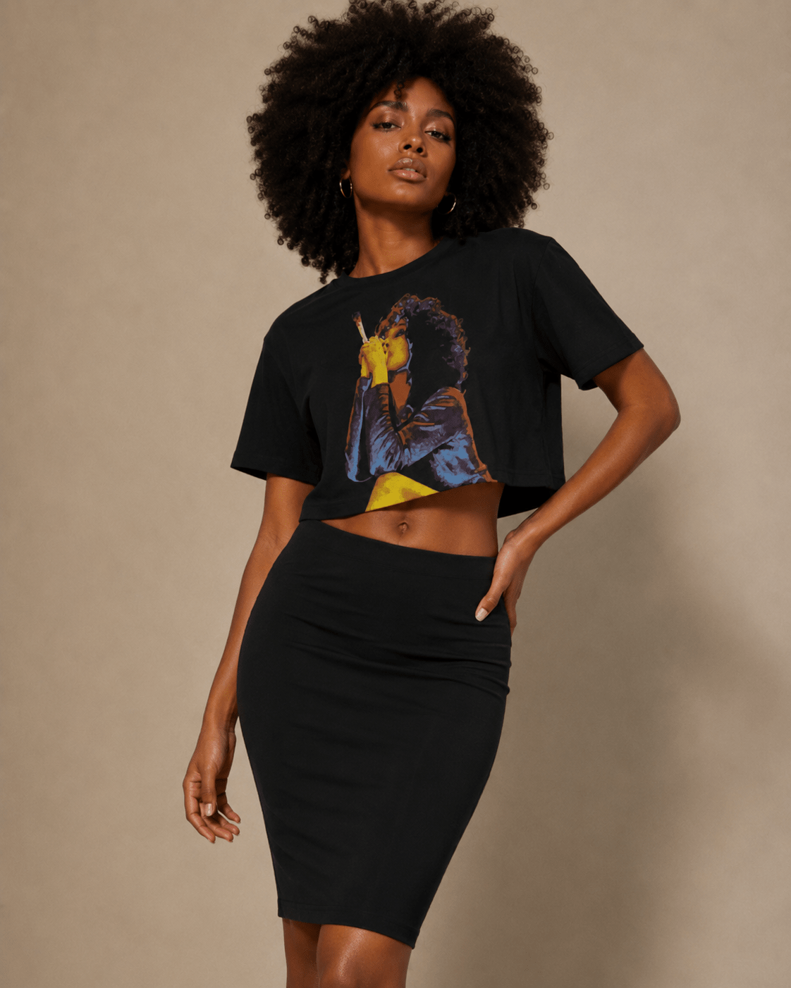 Jane Dope Hotbox Goddess graphic print cropped top, front view on model