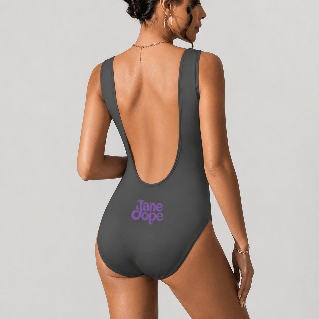 Hotbox Goddess graphic print backless swimsuit, back view showing open back