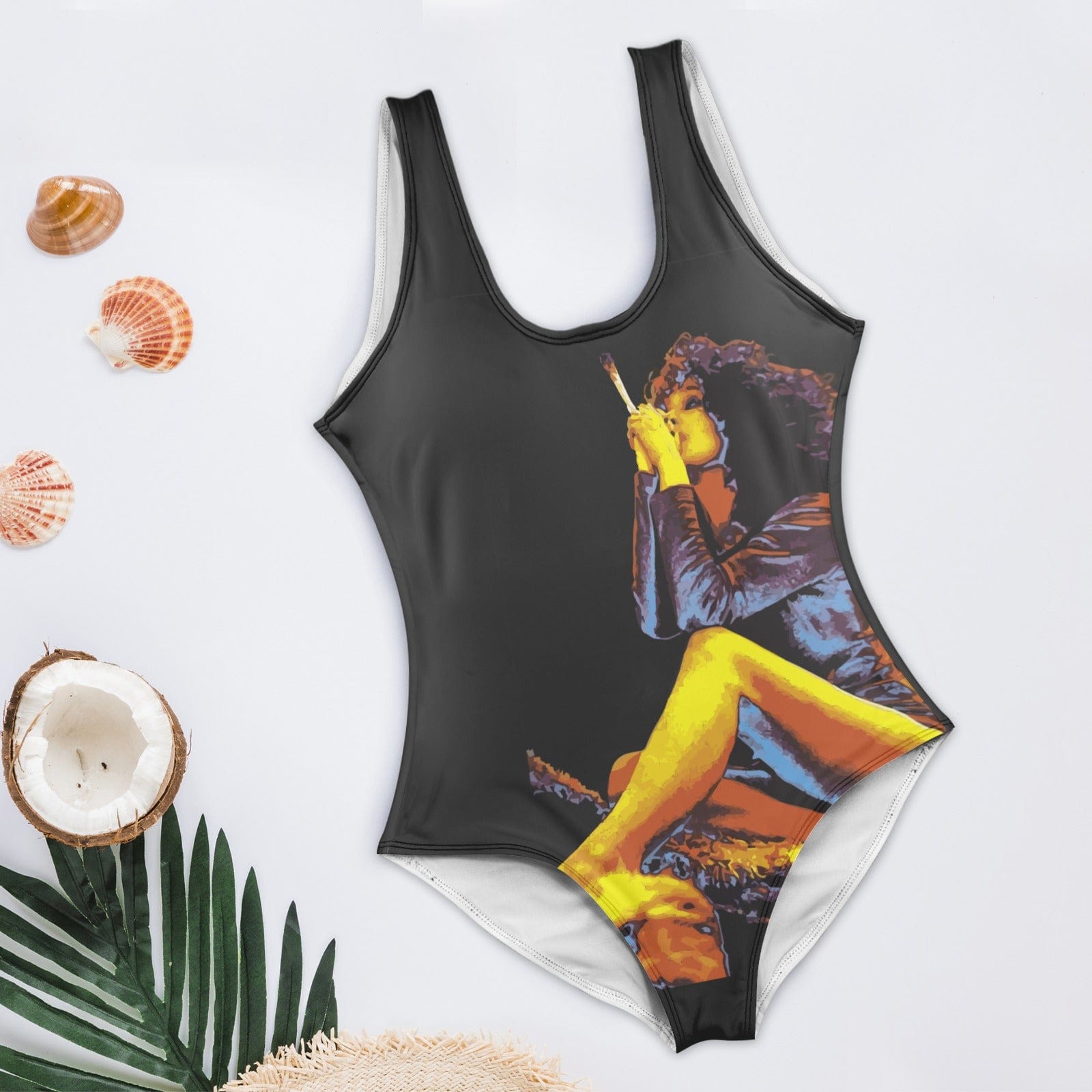 Hotbox Goddess graphic print backless swimsuit in white, flat lay front
