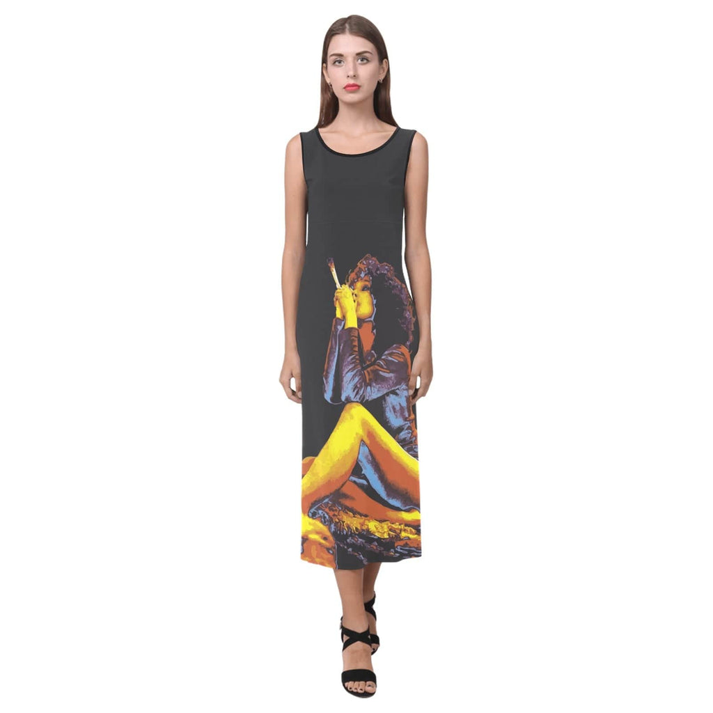 Hotbox Goddess graphic print sleeveless open-fork maxi dress, flat lay showing fork slit detail