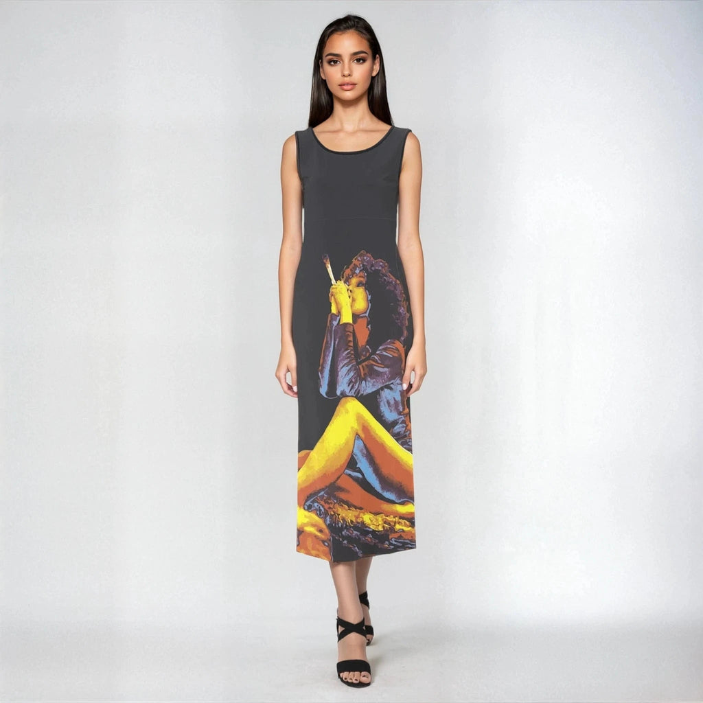 Hotbox Goddess graphic print sleeveless open-fork maxi dress, flat lay front
