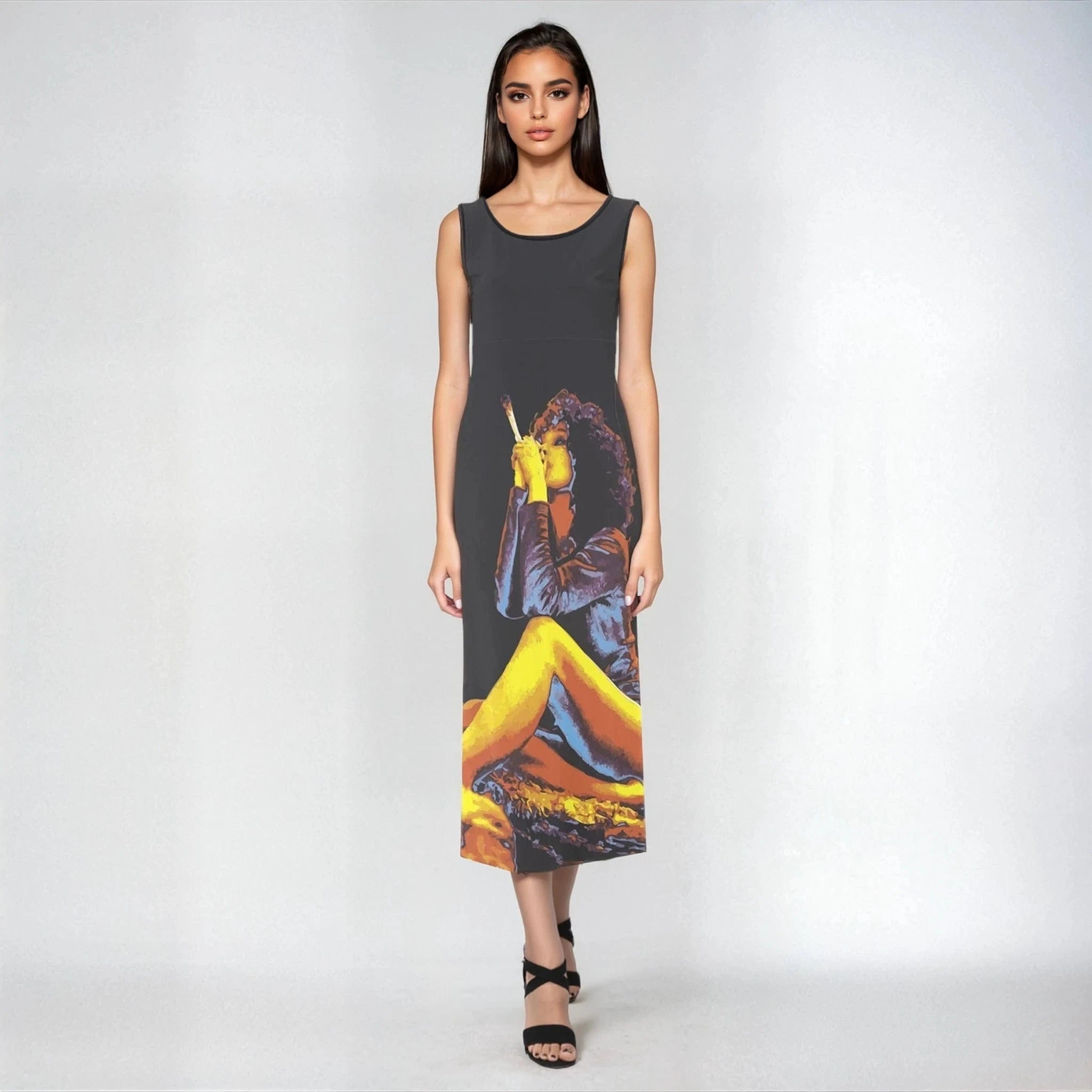 Hotbox Goddess graphic print sleeveless open-fork maxi dress, flat lay front