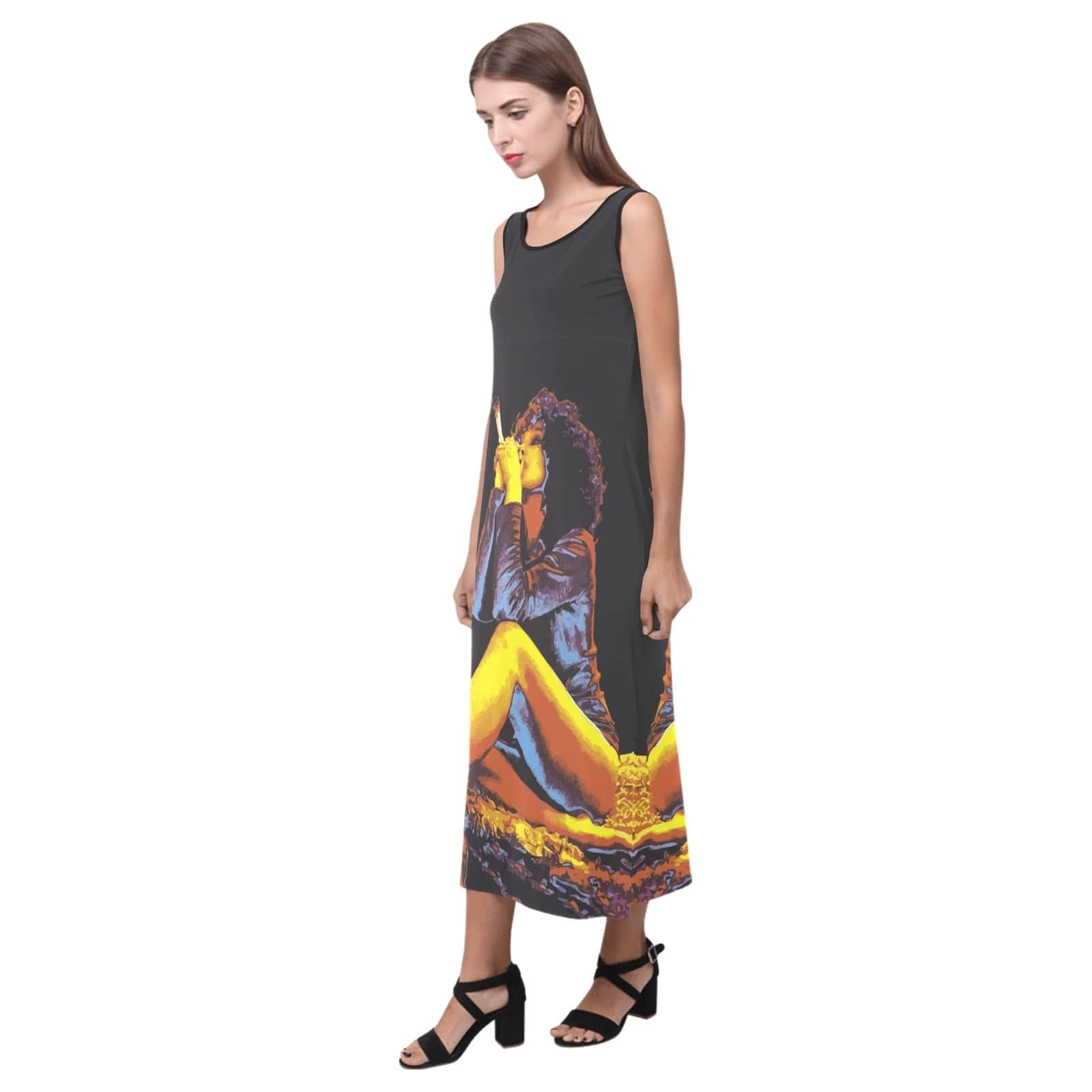 Hotbox Goddess graphic print sleeveless open-fork maxi dress, neckline and print detail close-up
