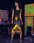Hotbox Goddess graphic print sleeveless open-fork maxi dress, side view on model showing slit