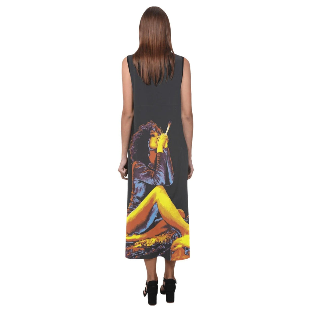 Hotbox Goddess graphic print sleeveless open-fork maxi dress, hem and slit detail close-up