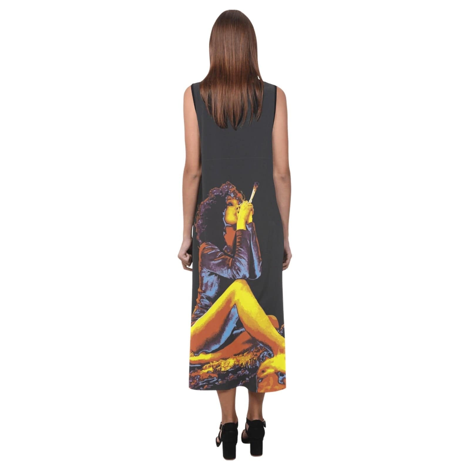 Hotbox Goddess graphic print sleeveless open-fork maxi dress, hem and slit detail close-up
